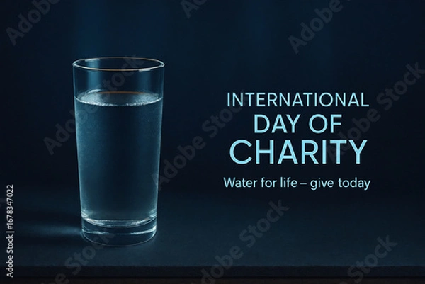 Fototapeta Glass of water on dark background with text International Day of Charity, highlighting theme Water for Life — give today, symbolizing giving essentials.