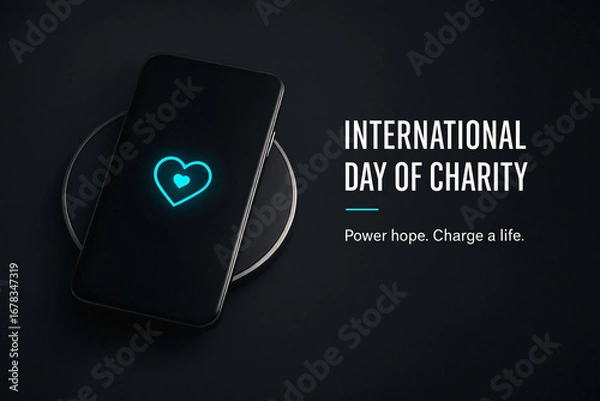 Fototapeta Black smartphone with glowing blue heart icon charging on a wireless pad, symbolizing hope, charity, and modern technology on dark background