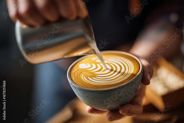 Fototapeta Crafting exquisite latte art with a precise milk pour.