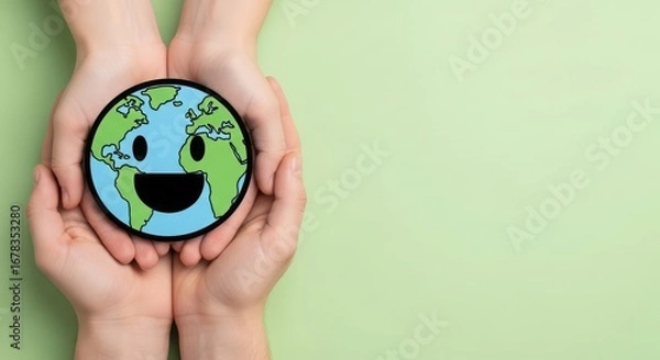 Fototapeta Hands gently holding a smiling cartoon earth, symbolizing care and protection for the planet and environment, with a soft green background