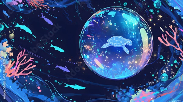 Fototapeta flat vector comic style cute turtle floating