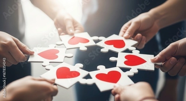 Fototapeta Diverse group of people holding puzzle pieces with hearts together in a circle, symbolizing unity, teamwork, and connection