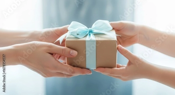 Fototapeta Closeup of hands passing a gift box with a blue ribbon and bow, symbolizing giving, receiving, and special moments