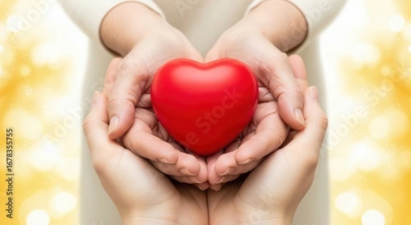 Fototapeta A vibrant red heart shape held tenderly in two open hands, bathed in soft golden light, representing love, care, and emotional support