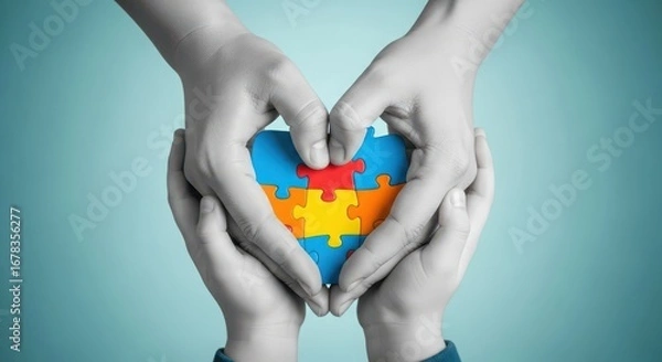 Fototapeta Two pairs of hands forming a heart shape with colorful puzzle pieces, symbolizing love, care, and support