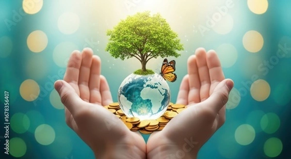 Fototapeta Cupped hands holding a small globe with a tree growing on it and a butterfly, symbolizing environmental protection and growth