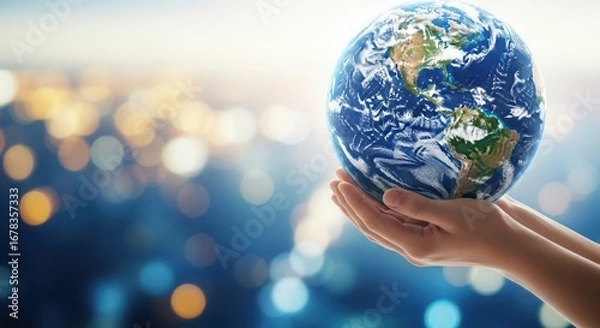 Fototapeta Hands holding planet earth with bokeh city lights background, symbolizing global care and environmental responsibility
