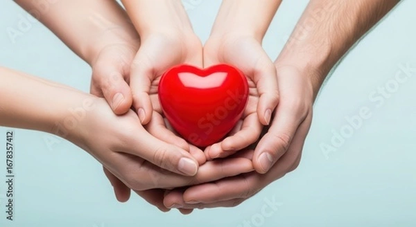 Fototapeta Multiple hands cupped together holding a red heart, representing love, care, and support within a family or community