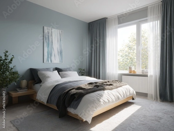 Fototapeta A serene bedroom interior showcases a light gray color palette, a comfortable bed, and a window overlooking a tree-filled garden.