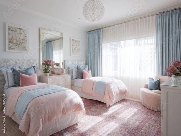 Fototapeta A light and airy twin bedroom suite, featuring pale blue and dusty rose accents, showcasing a serene and inviting atmosphere.