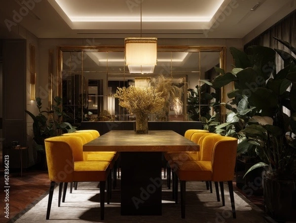 Fototapeta A luxurious dining room, elegantly furnished with gold accents and mustard yellow chairs, creates a sophisticated and inviting atmosphere.