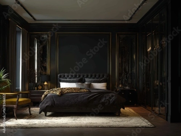 Fototapeta A luxurious, dark bedroom with rich, black accents and golden trim, showcasing a large bed with a leopard print blanket, exuding an elegant and opulent mood.