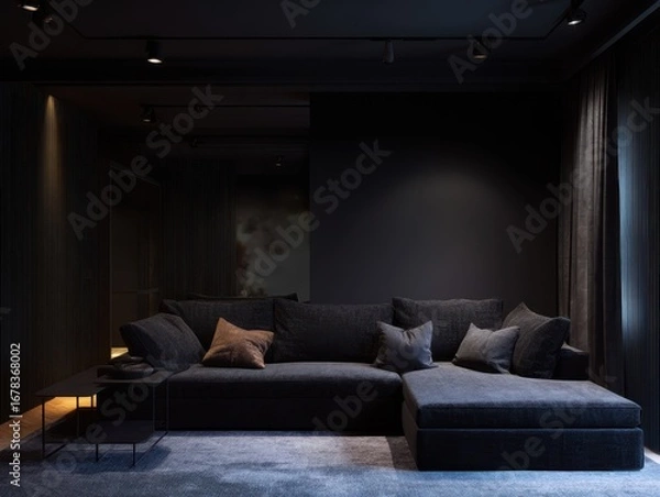 Fototapeta A dark and sophisticated living area features a plush sectional couch and ambient lighting, creating a cozy and modern ambiance.