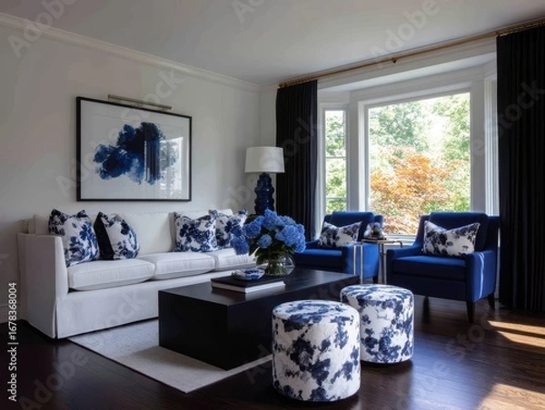 Fototapeta A stylish living room featuring a white sofa, dark blue armchairs, and a large abstract artwork.  The room's design incorporates a soothing color palette, with accents of blue and white.