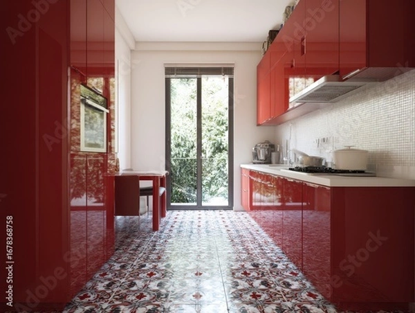 Fototapeta A modern kitchen with vibrant red lacquered cabinets, a decorative tile floor, and a view of the garden.