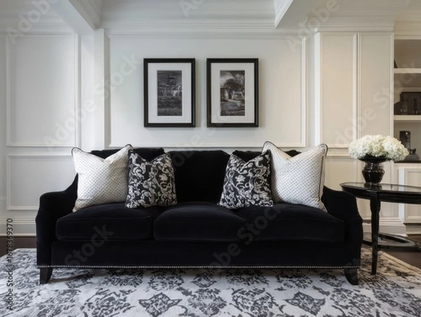 Fototapeta A sophisticated living room featuring a black velvet sofa, accented with patterned pillows, and framed prints, showcasing a refined and elegant interior design.