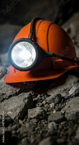 Fototapeta Orange mining helmet with illuminated headlamp on rocks