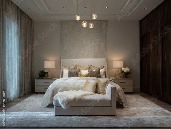 Fototapeta A sophisticated bedroom, showcasing a neutral color palette and luxurious textures, features a plush bed, a chaise lounge, and elegant lighting fixtures.