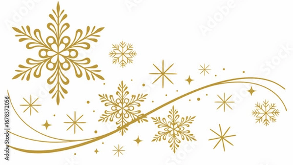 Obraz Elegant gold snowflake and star pattern with swirling lines on a white background