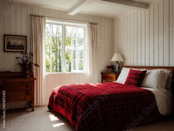 Fototapeta A cozy bedroom with a red plaid comforter, natural light streaming through a large window, and wooden furniture.