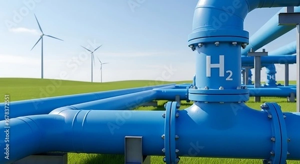 Fototapeta Industrial Hydrogen Pipelines and Wind Turbines in a Landscape