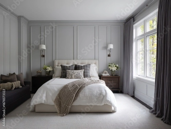 Fototapeta A stylish bedroom featuring neutral gray walls, white bedding, and a cozy seating area, showcasing a tranquil and elegant design aesthetic.