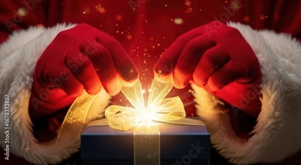 Obraz santa's hands opening magical gift box with glowing light