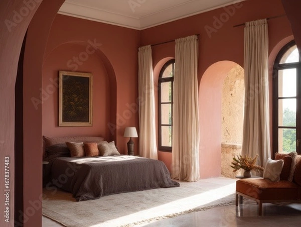 Fototapeta A serene bedroom with arched openings showcases a sophisticated palette of terracotta and cream tones.