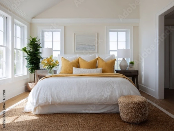 Fototapeta A bright and airy bedroom features a bed dressed in crisp white linens, accented by mustard yellow throw pillows, creating a serene and inviting space.