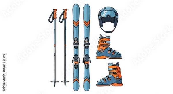 Fototapeta Stylized depiction of essential ski equipment including skis, boots, poles, and helmet in vector format for winter sports enthusiasts