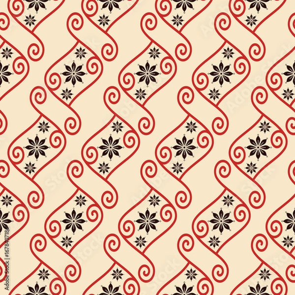 Fototapeta The abstract pattern with bright beige texture background and florals pattern in vertical wavy stripes can be used for fabric textile home or other wall decoration.