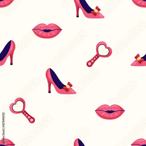 Fototapeta Seamless pattern with high heel shoes and red lips on beige background. March 8 Women's Day. Vector illustration.