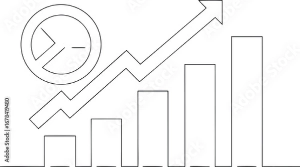 Fototapeta Black and white line art of a rising bar graph with arrow