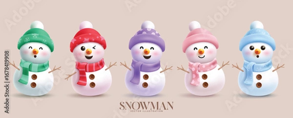 Fototapeta Christmas Snowman characters clipart set. Snow man cute character clip art collection with happy, funny, friendly and jolly faces wearing printed pattern colorful pastel hat and scarf costume 