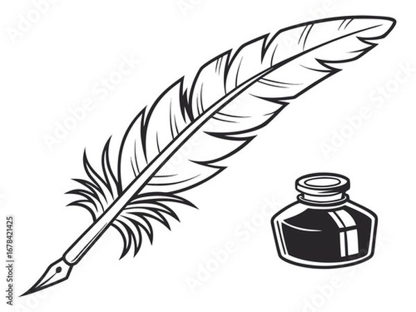 Fototapeta Illustration of a quill pen with a feather and an inkwell filled with ink on a white background created with generated ai