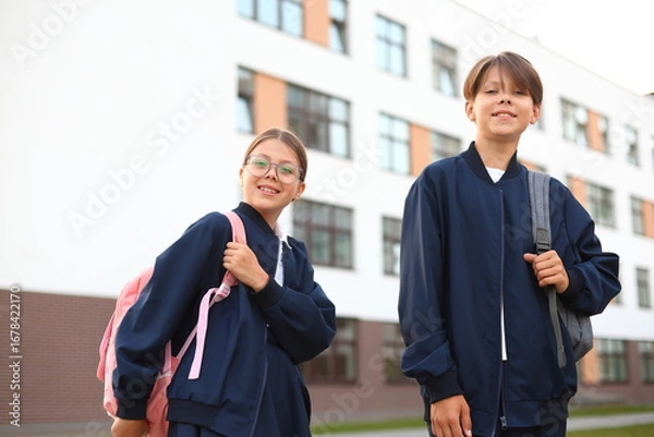Fototapeta Back to School: Friendship and Learning. two schoolchildren, dressed in neat school uniforms and carrying backpacks, standing in front of a classic school building