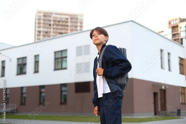 Fototapeta A Scholar's Pride: School Spirit. a schoolboy in a crisp school uniform, standing proudly in front of a grand school building.
