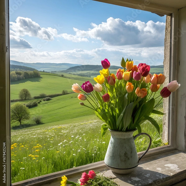 Fototapeta A vase of tulips with a countryside meadow background