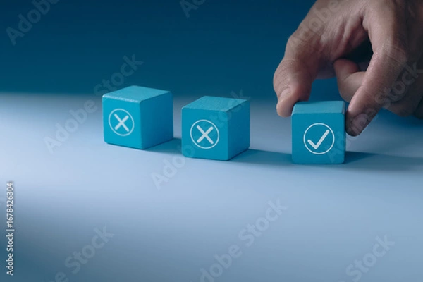 Fototapeta Businessman holding yes or no symbol and check mark. Concept of choice, decision making and true and false test question.