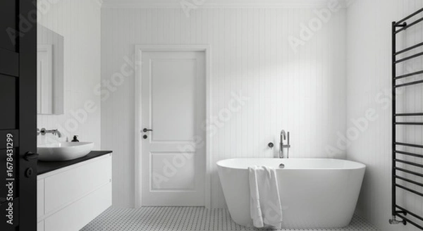 Obraz A modern, minimalist bathroom with a black and white theme.