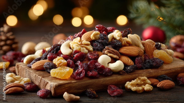 Fototapeta Festive mix of nut and dried fruit. An overflowing, healthy holiday snack on wood board with warm bokeh background