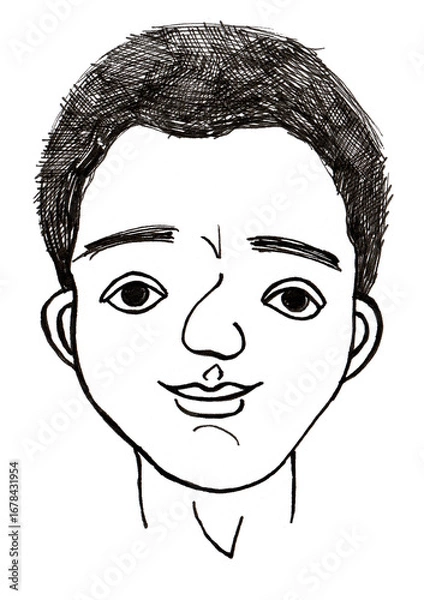 Fototapeta Stylized drawing of a boy's portrait. Black outline. Line art. Isolated on white background. Young boy, child. Smiling slightly. Nose with a potato. Hairstyle drawn with cross strokes. Sketch, doodle.