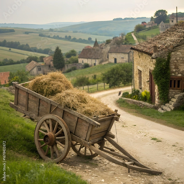 Fototapeta A rustic cart filled with hay with a village background