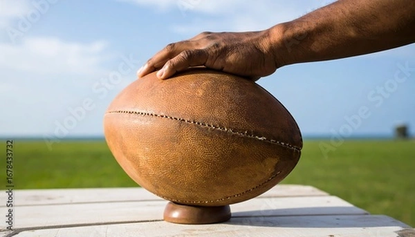 Fototapeta Closeup of Hand Placing Rugby Ball on Kicking Tee Against Blue Sky