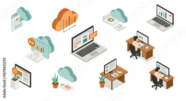Fototapeta Isometric remote work and cloud computing concept with laptops and data charts