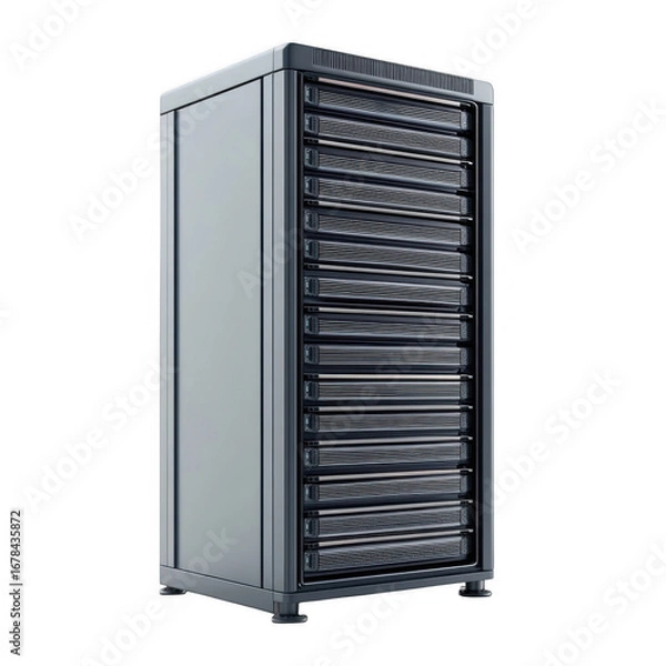 Obraz Tall dark gray server rack with multiple storage units inside a data center