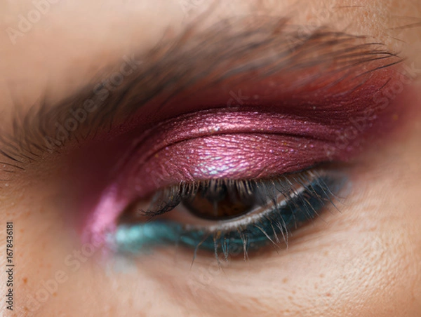 Obraz Detailed Close-Up of an Eye with Shimmering Pink and Purple Eyeshadow and Teal Eyeliner Highlighting the Beauty of Cosmetic Artistry