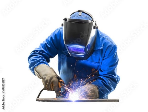 Fototapeta Professional Welder at Work with Bright Sparks and Protective Gear isolated on a transparent background