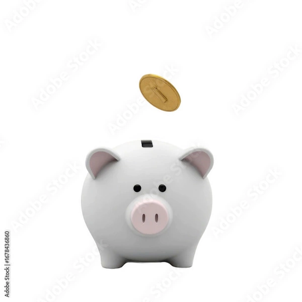 Obraz White Piggy Bank and Gold Coin on Transparent Background