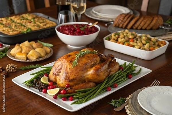 Fototapeta Traditional Holiday Feast With Roasted Turkey and Festive Side Dishes

